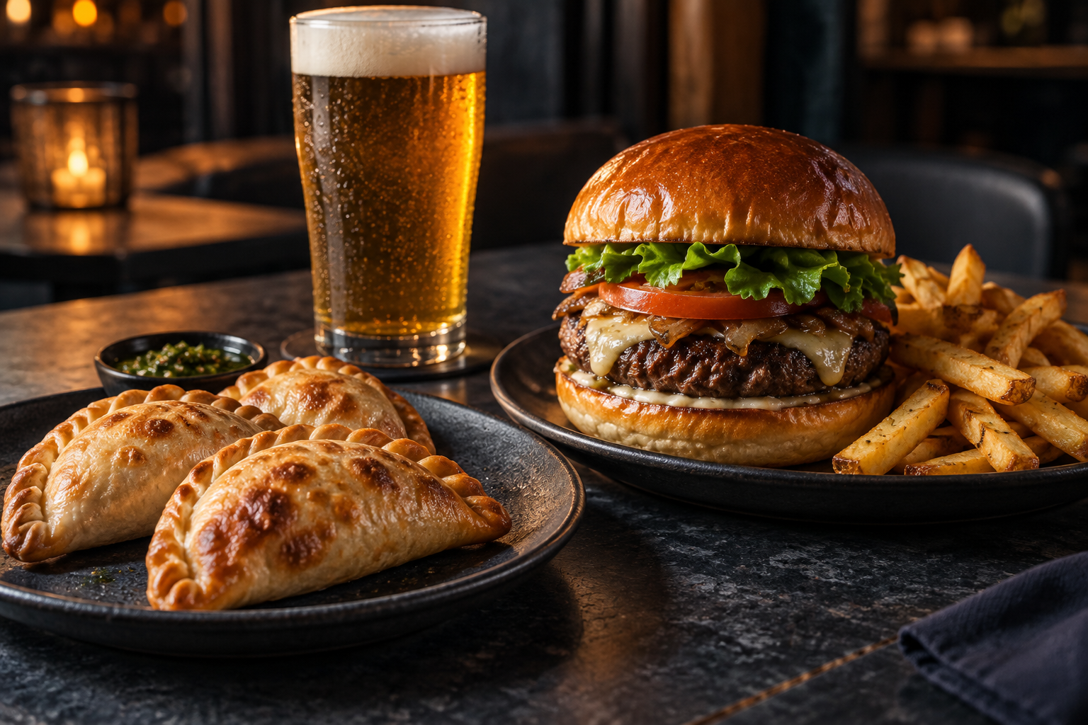 Empanadas, hamburguesa con papas y cerveza artesanal